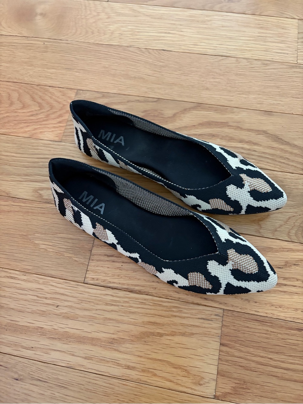 MIA Leopard Knit Pointed-Toe Flats in Black, Tan & Cream